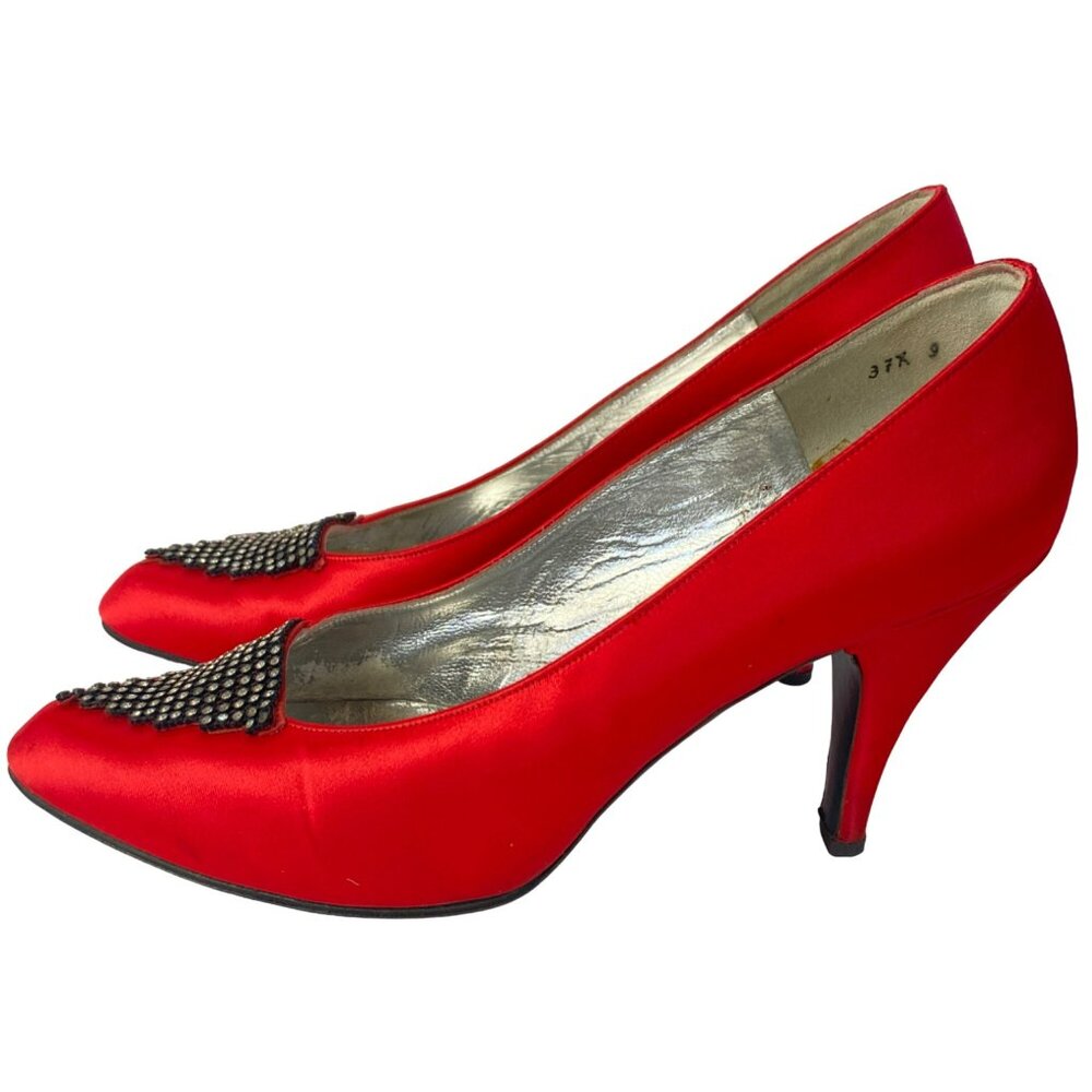 Vintage Charles Jourdan Shoes Heels Leather Red Satin Rhinestone Size 9 Paris - Picture 4 of 10